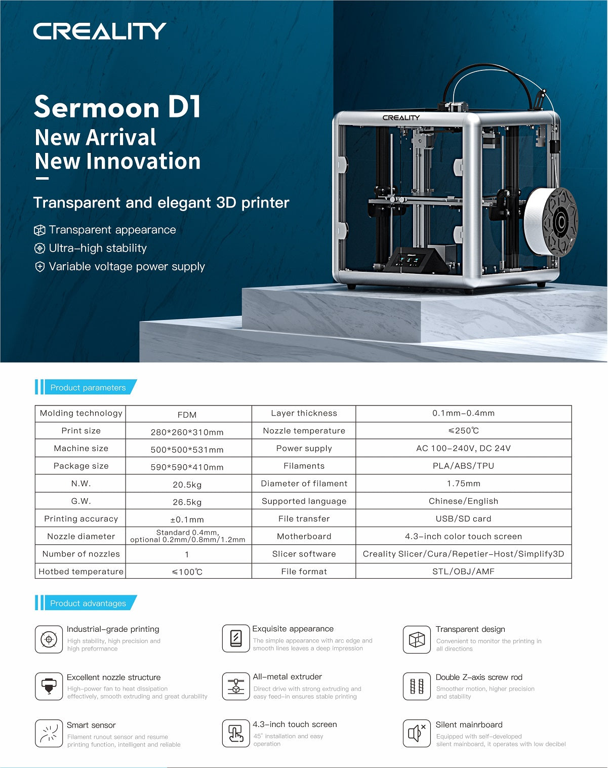Sermoon d1 kapalı 3d yazıcı, doğrudan sürücülü 3d yazıcı